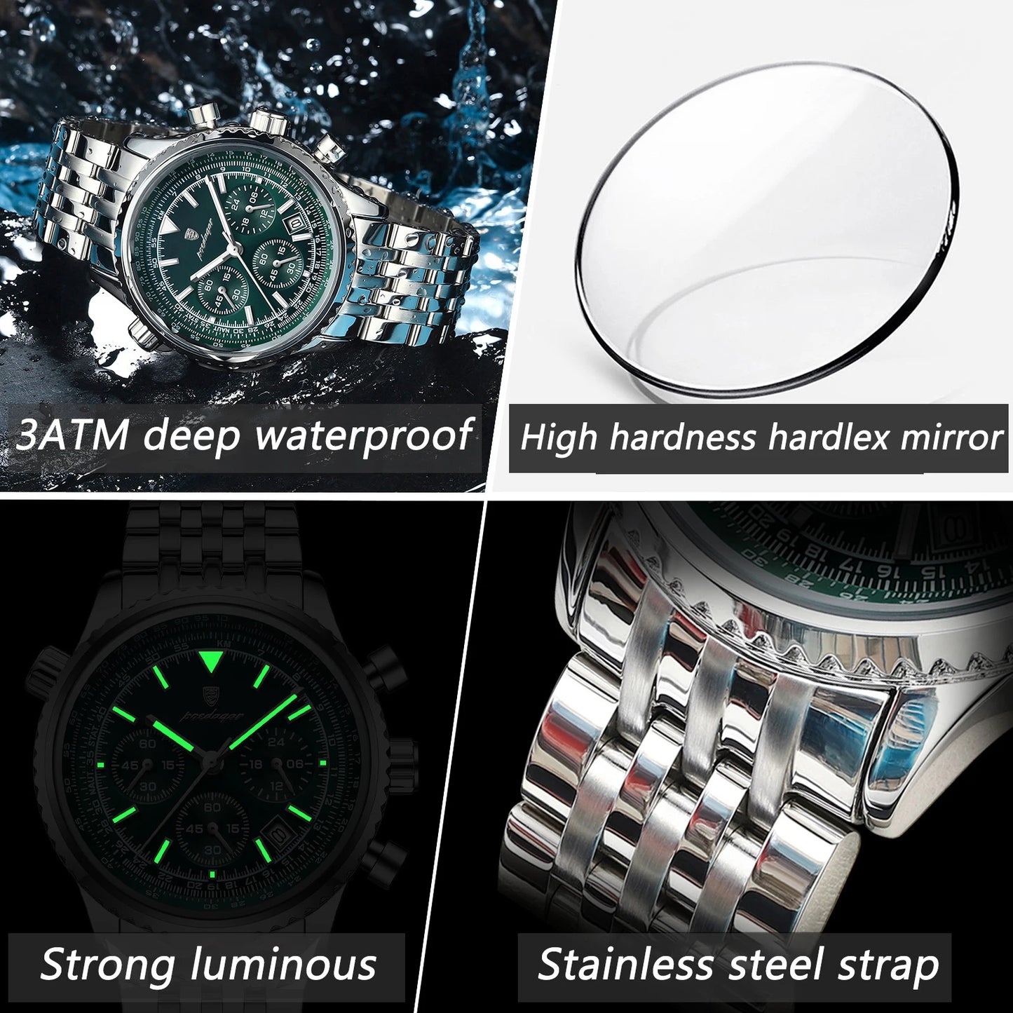 POEDAGAR Reloj militar de lujo para hombre, resistente al agua, luminoso, con fecha, cronógrafo, reloj deportivo de cuarzo, de acero inoxidable, para hombre