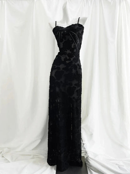 Robe longue noire de cérémonie Oligai, élégante robe de soirée à bretelles spaghetti, broderie transparente, vêtements pour femmes