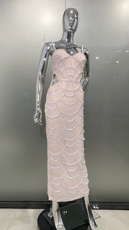 High Quality Women Sexy Pearl Beading Sequins Bodycon Mid-calf Dress Fashion Celebrate Evening Party Birthday Dress Wholesale