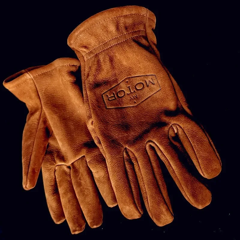 Guantes de motocicleta retro de primera capa de piel de vaca esmerilada para hombres y mujeres, guantes de acampada cálidos y resistentes al desgaste para montar en motocicleta