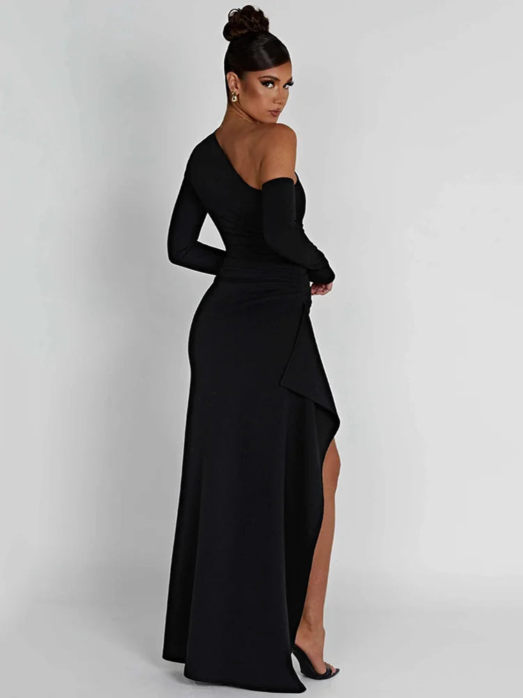 Robe longue fendue à épaules obliques et cuisses hautes pour femmes, manches longues, dos nu, moulante, sexy, club, soirée