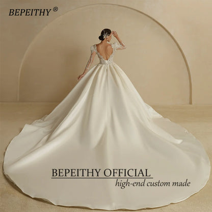 BEPEITHY V Neck Luxury Ball Gown Wedding Dresses For Women 2022 Chapel Train Open Back Sexy Long Sleeves Princess Bridal Dress