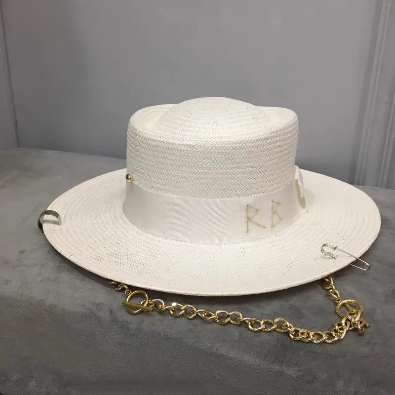 2021 new arrival Women's summer hat with chain and pin  white straw women's cap female