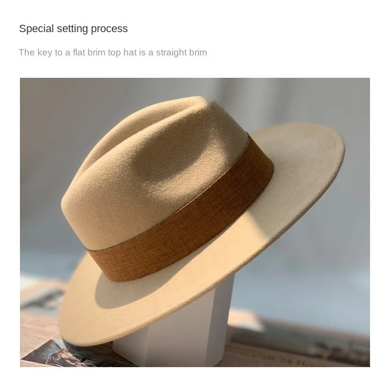 Nuevo sombrero de copa de lana plana para otoño e invierno, sombrero unisex de ala ancha, moda clásica, diversos estilos, sombrero ajustable, circunferencia del sombrero, sombrero grande