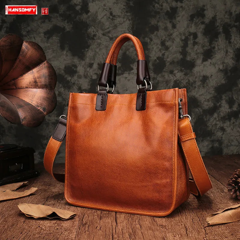 Genuine Leather Women Handbag 2024 New Square Tote Bag Diagonal Bag Female Retro Portable Briefcase Handmade Soft Leather