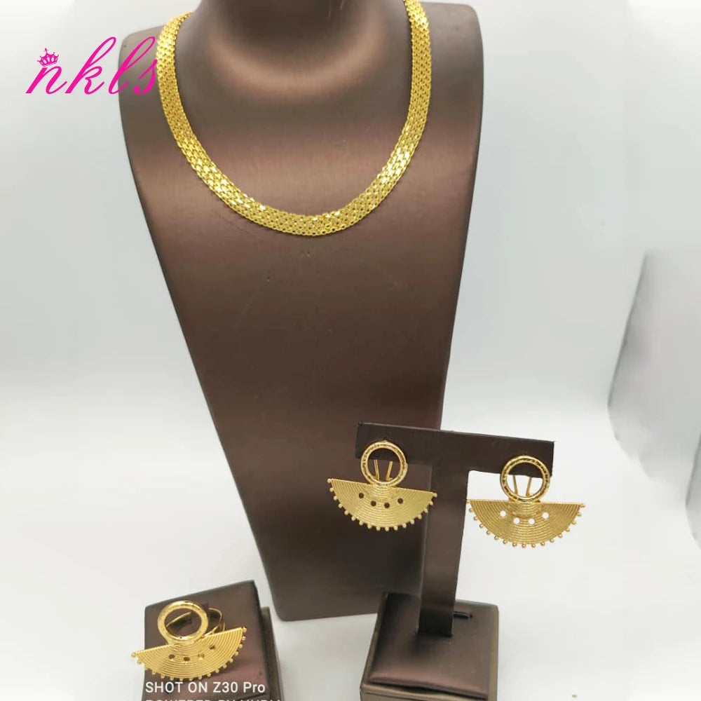 Conjuntos de joyas para mujer, cadena de color dorado, diseño de lujo, pendientes, anillo, etíope, la última oferta, joyería africana nigeriana para fiesta