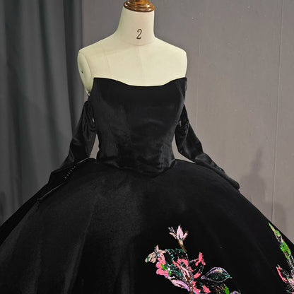 Black Off Shoulder Tulle Ball Gown Sweet 16 Dress Floral Prom Dress Party Dress 6708