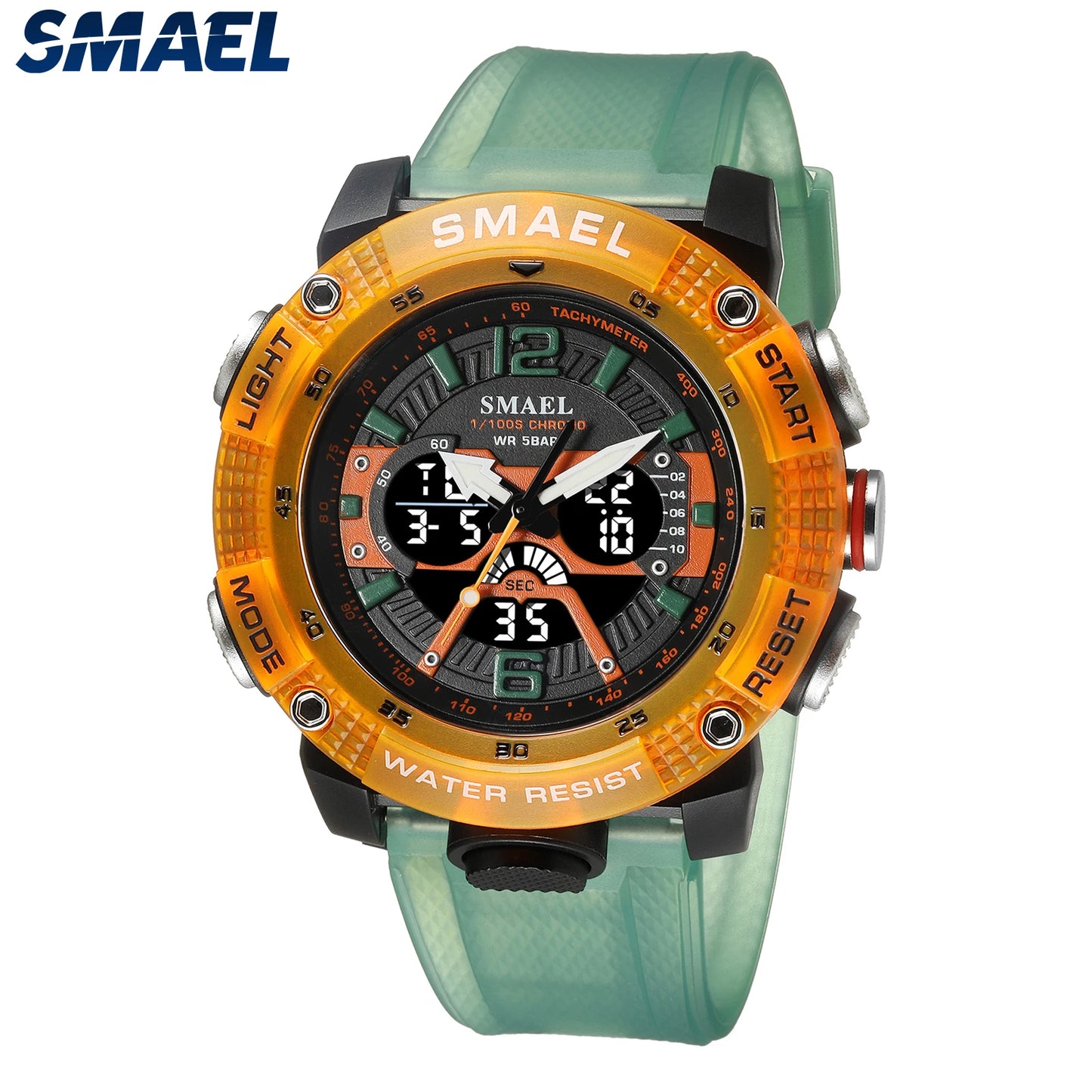 Relojes deportivos a prueba de agua SMAEL Reloj masculino Pantalla LED digital Reloj de cuarzo analógico Cronómetro de moda Reloj verde naranja 8058 Reloj para hombres