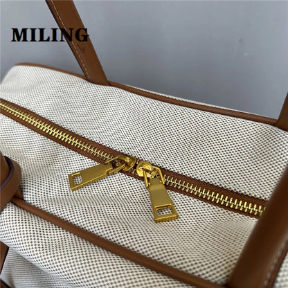 Bolso de mano de lona con parches de piel de vaca para mujer, bolso de mano de gran capacidad para ir al trabajo, bolso cuadrado con cremallera en tono dorado y correa para el hombro