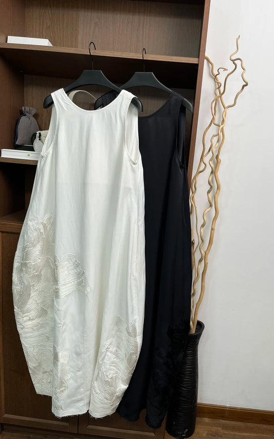 Vestido elegante de estilo chino para mujer, con bordado blanco, cuello en U, sin mangas, holgado, largo, sin mangas