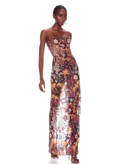 Nouvelle robe longue sexy sans bretelles à paillettes florales pour femmes, robe de soirée de luxe à paillettes florales, dos nu, longue et fine