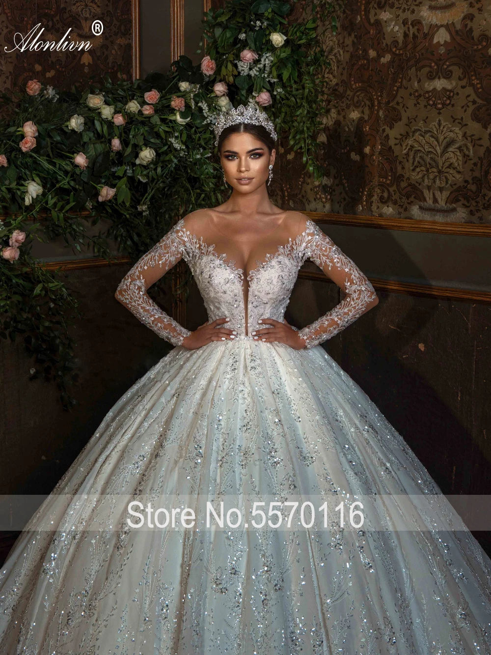 Alonlivn Robe de mariée en dentelle avec broderies et perles, robe de bal, col illusion et dos, manches longues