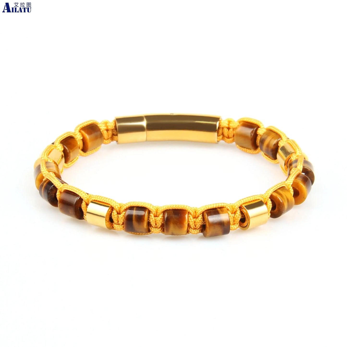 Ailatu 10pcs/lot New Friendship Bracelet, 6mm Tiger Eye, Lapis Stone, Black Onyx Cylinder Beads Stainless Steel Jewelry for Men