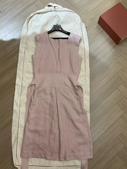 Summer L*P Linen Sleeveless Dress With Waist Elegant Long Skirt