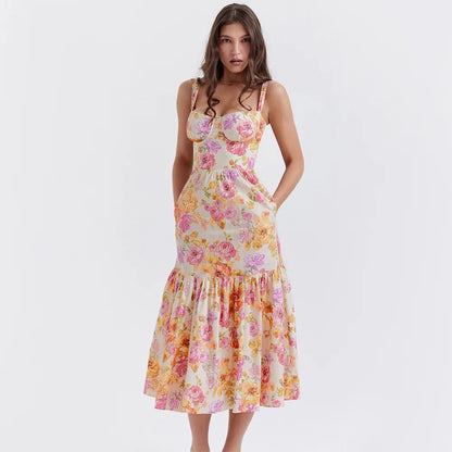 Robe mi-longue d'été à bretelles spaghetti Oligai, élégante, décontractée, imprimé floral, robe de fête de vacances avec poche, vêtements pour femmes 2024