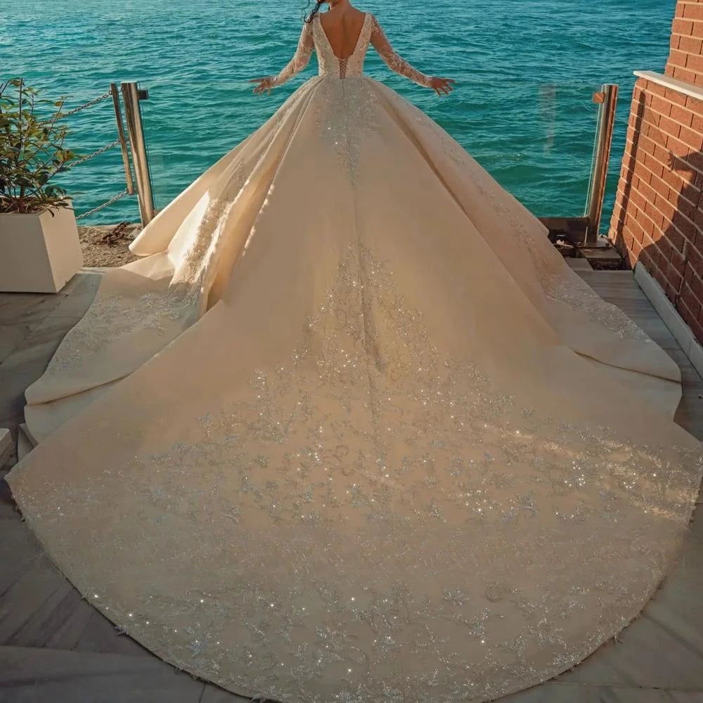 Vestido de novia modesto con escote cuadrado y cuentas brillantes y lentejuelas, vestido de novia de lujo de organza, vestido de novia largo