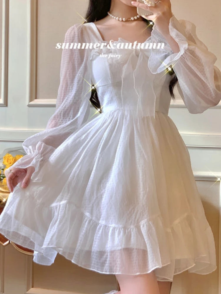 HOUZHOU White Kawaii Dress Women Chiffon Lolita Style Long Sleeve Mini Dresses Bow Fairy Robe Ruffles Patchwork Square Collar