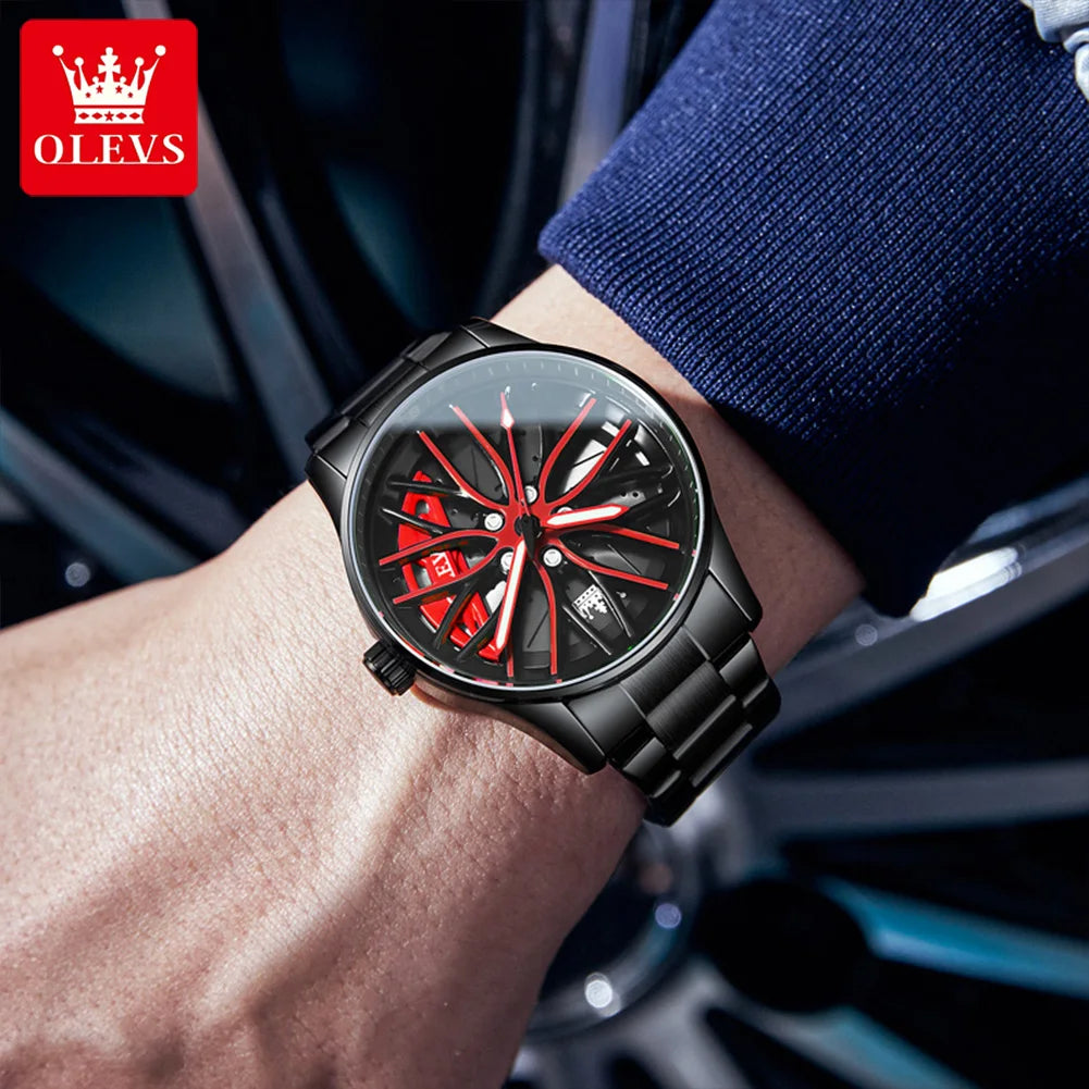 Reloj OLEVS para hombre, esfera giratoria de 360°, llanta de coche deportivo, buje de rueda, resistente al agua, luminoso, de acero inoxidable, reloj de pulsera de cuarzo para hombre