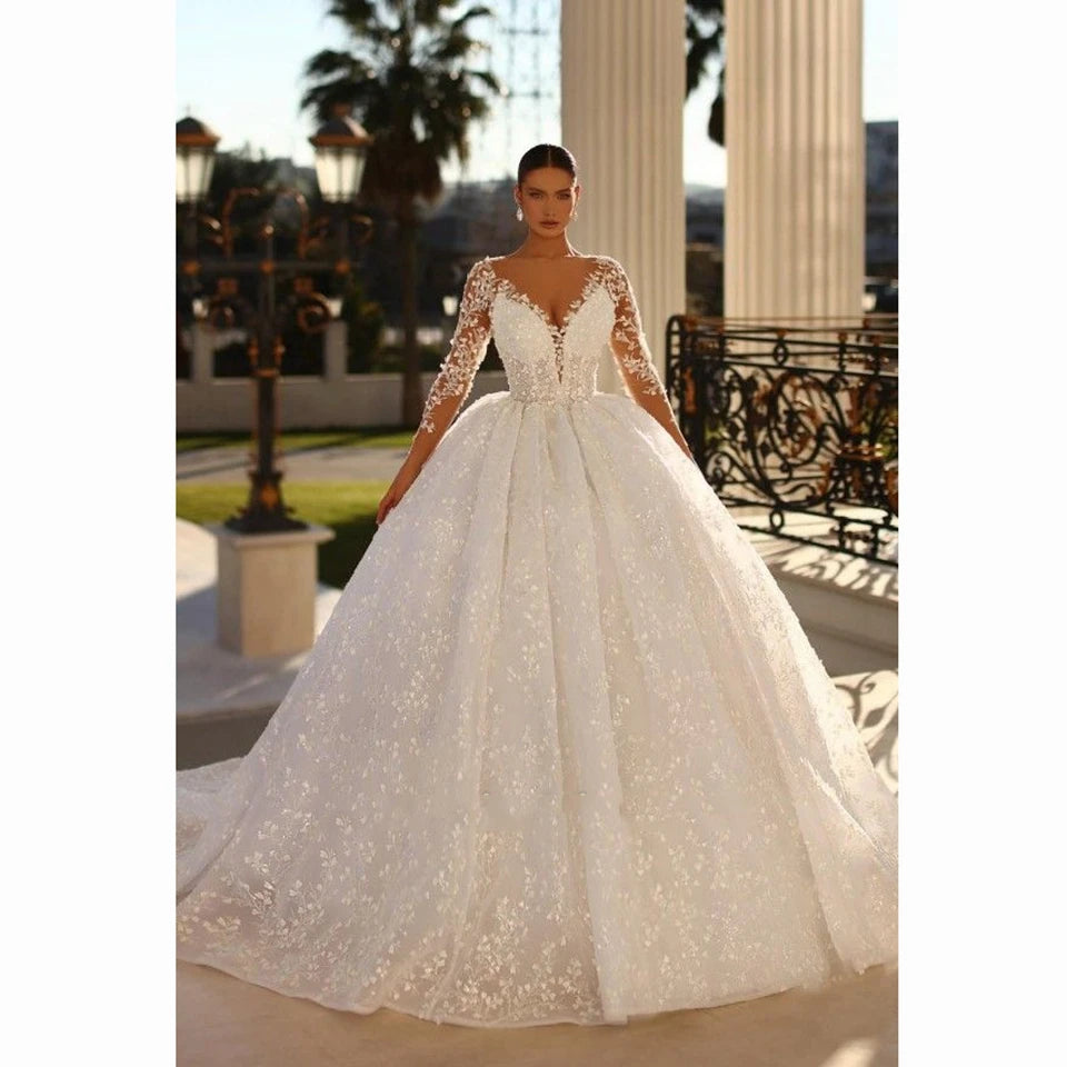 Luxury V-Neck 3D Appliques Full Sleeves Wedding Dress 2023 Ball Gown Floor Length Sweep Train Zipper Custom Made Bridal Gown