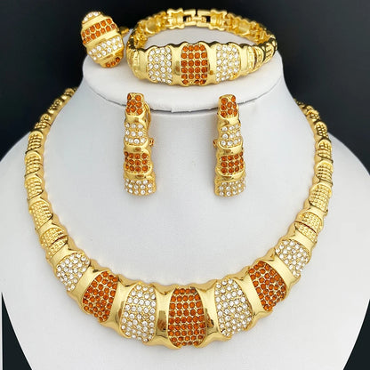 Conjunto de joyas de Dubái para mujer, collar, pendientes, pulsera y anillo de lujo chapados en oro de 18 quilates, joyería para bodas y fiestas de tendencia