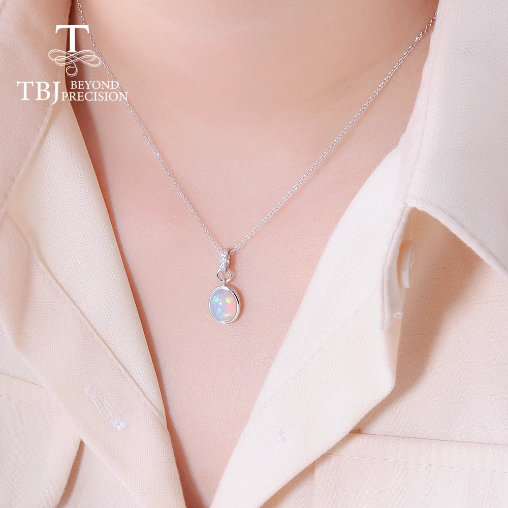 TBJ 100% coloré brillant opale ovale 8*10mm pendentif en pierre précieuse boucle d'oreille ensemble de bijoux en argent sterling 925 pour femmes cadeau unique