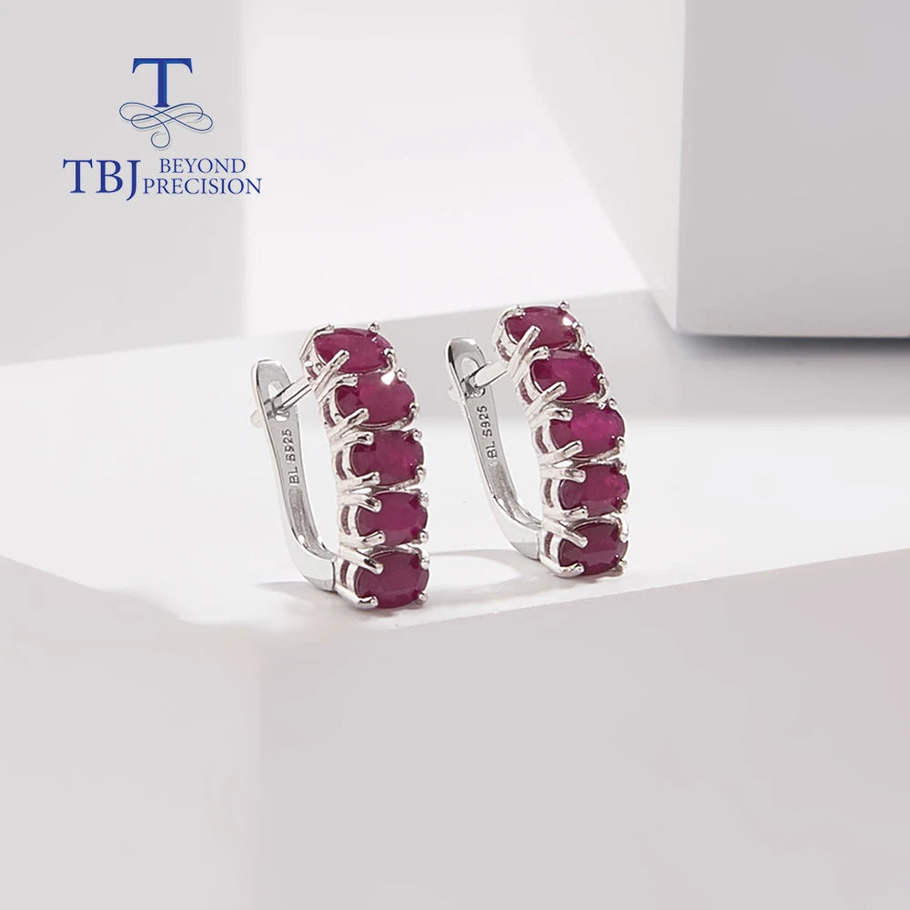 TBJ Ensemble de bijoux de luxe pour femme avec bague et boucles d'oreilles en argent et rubis naturel précieux de 3 x 5 mm