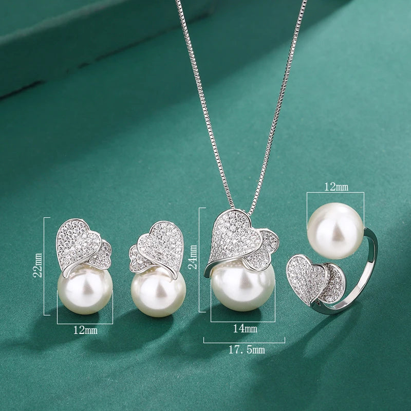 Conjunto de pendientes, collar y anillo de plata de ley 925 con doble corazón y perla grande para mujer, abalorio de circonita de moda, joyería de boda para mujer