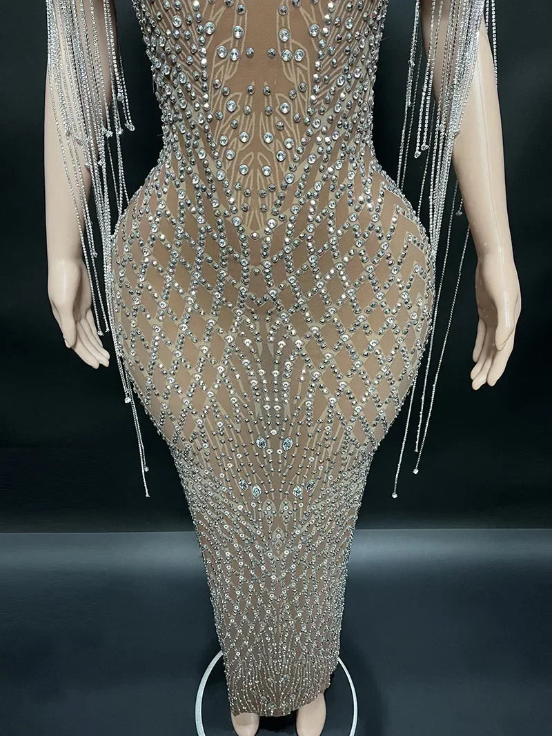 Robe de mariée de danseuse brillante fantaisie, robe impressionnante, transparente, longue, diamant, marron foncé, robe de fête, costume d'anniversaire de luxe