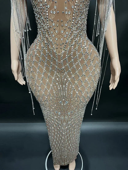 Robe de mariée de danseuse brillante fantaisie, robe impressionnante, transparente, longue, diamant, marron foncé, robe de fête, costume d'anniversaire de luxe