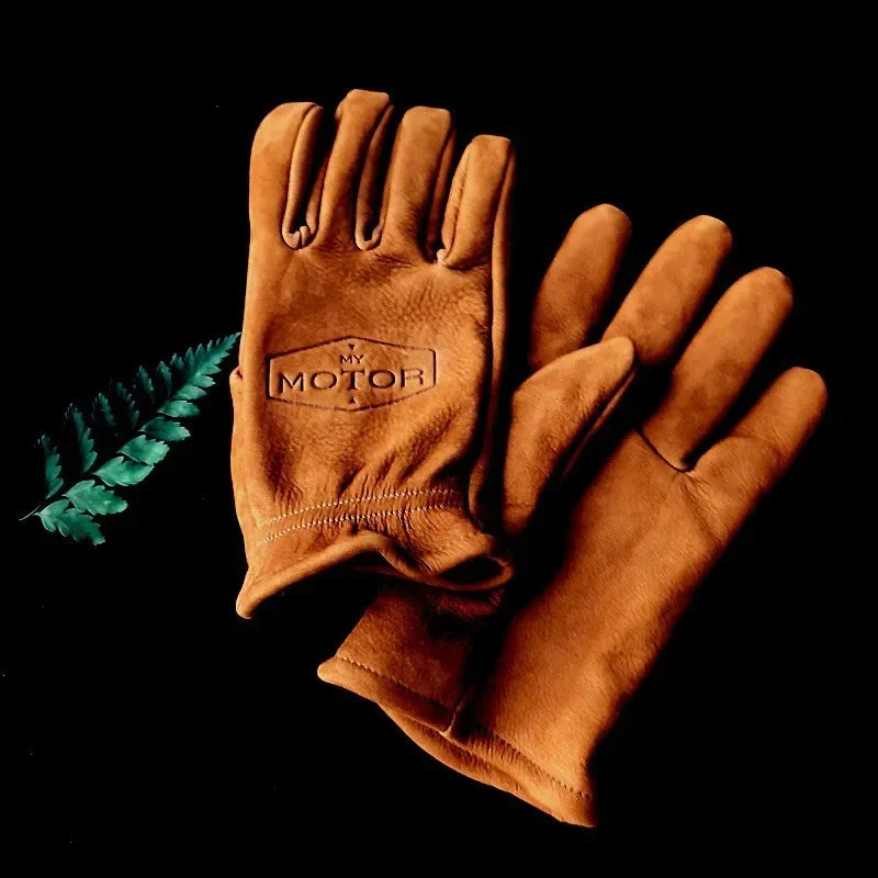 Guantes de motocicleta retro de primera capa de piel de vaca esmerilada para hombres y mujeres, guantes de acampada cálidos y resistentes al desgaste para montar en motocicleta