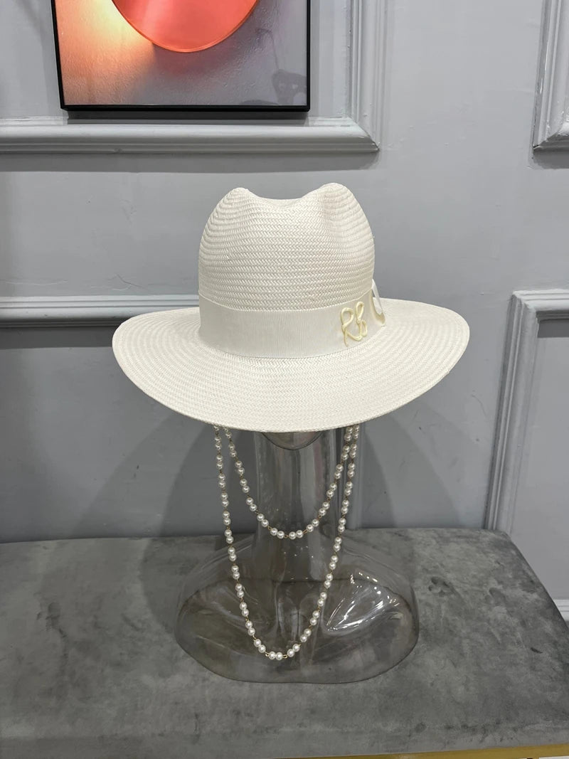 Novedad de verano 2022, sombrero Fedora con correa de doble cadena, sombrero de paja para mujer