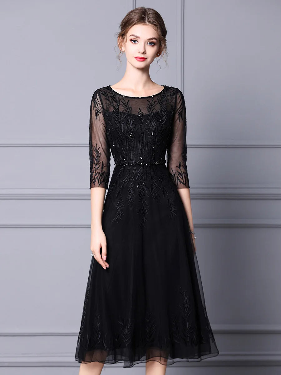 High-grade spring dress 2024 new heavy bead embroidery flower mid-length formal occasion dress skirt