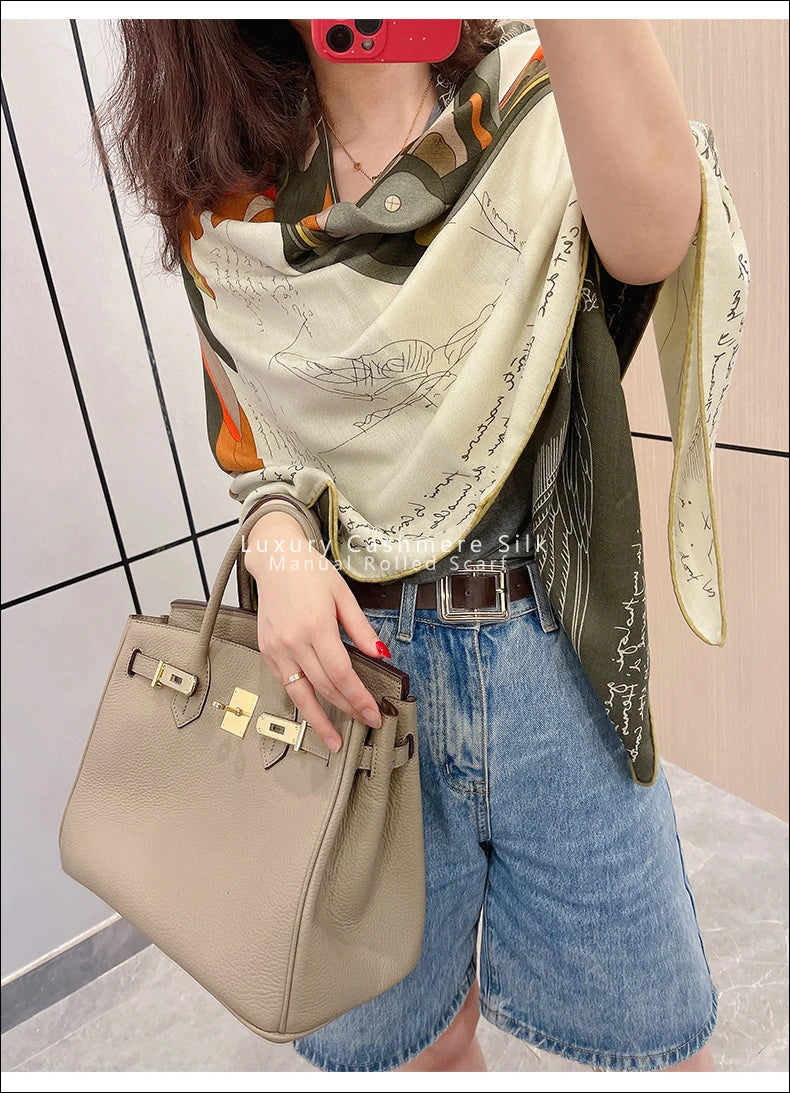 Luxury Large Wool Scarf Women Hand Rolled Silk Scarfs Rolling Edge Top Stole Cape Horse Print Brand Design Big Warm Bandanas