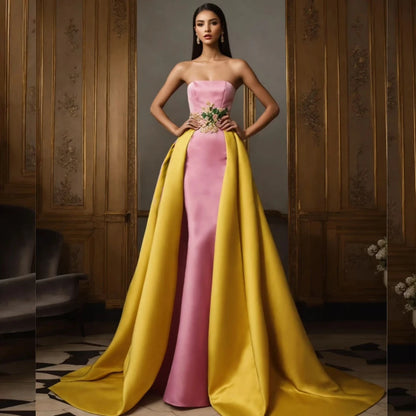 Jersey Pleat Flower Engagement  Sheath Strapless  Bespoke Occasion Gown Long Dresses