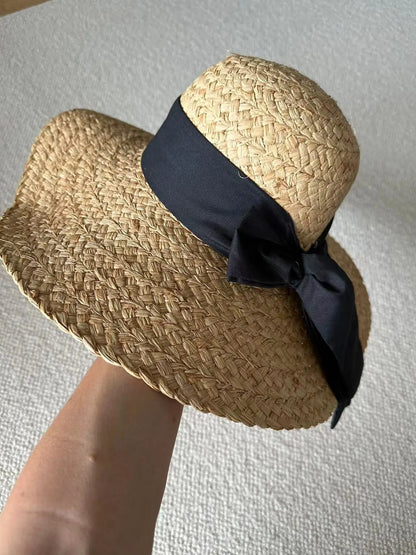 Chapeau de paille naturelle à large bord pour vacances à la plage en été