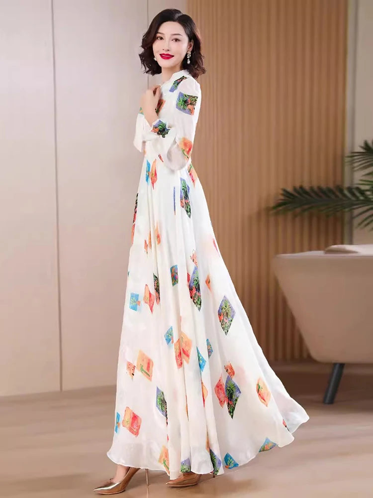 New Women Spring Autumn Print Chiffon Dress Fashion Ribbon Collar Long Sleeve High Waist Dress Elegant Flowing Slim Long Dress