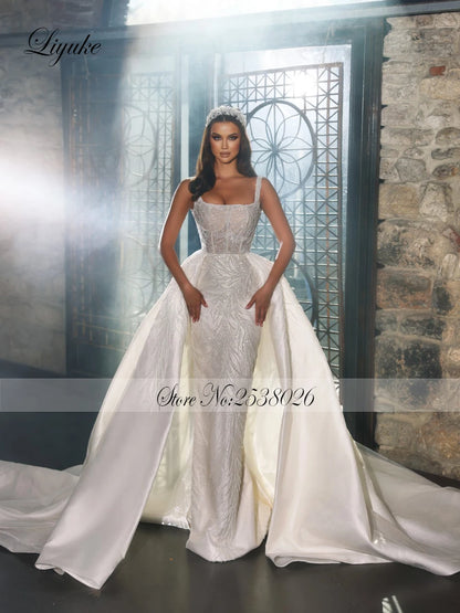 Liyuke Stunning Square Collar 2 In 1 Mermaid Wedding Dresses Luxury Beading Pearls Embroidery Lace Spaghetti Straps Bridal Gown