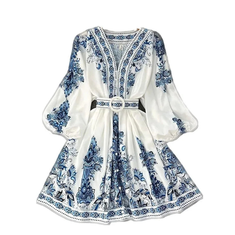 Vestido bohemio de manga larga con escote en V y estampado azul para mujer, elegante, con cinturón y mangas abullonadas, para vacaciones, otoño