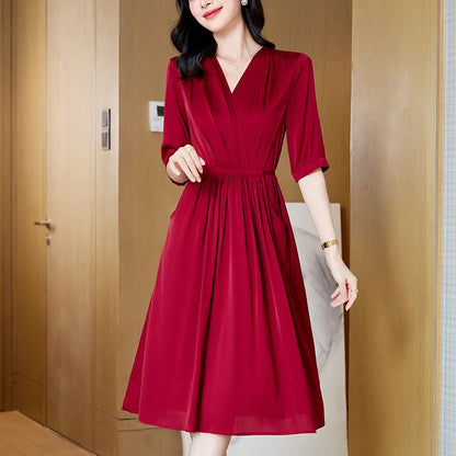 19 Momme Real Silk Summer Dresses For Women Elegant Fashion V-neck High Waist Half Sleeve Solid Dress Women's Long Dress A-line