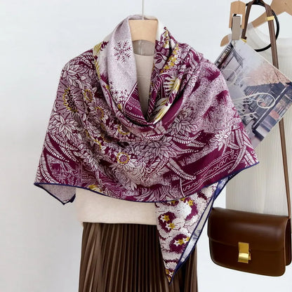 Bufanda de lujo con estampado de doble cara para mujer, diseño de diseñador, bordes enrollados a mano, pashmina, poncho, bufandas cuadradas de lana, accesorios de invierno