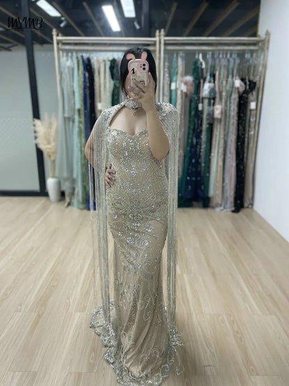 MYMB Nude Arabe Sexy Sirène Gaine Perlée Gland Robe De Soirée Formelle pour Femmes Fête De Mariage Luxe Capes Manches Robes De Gala