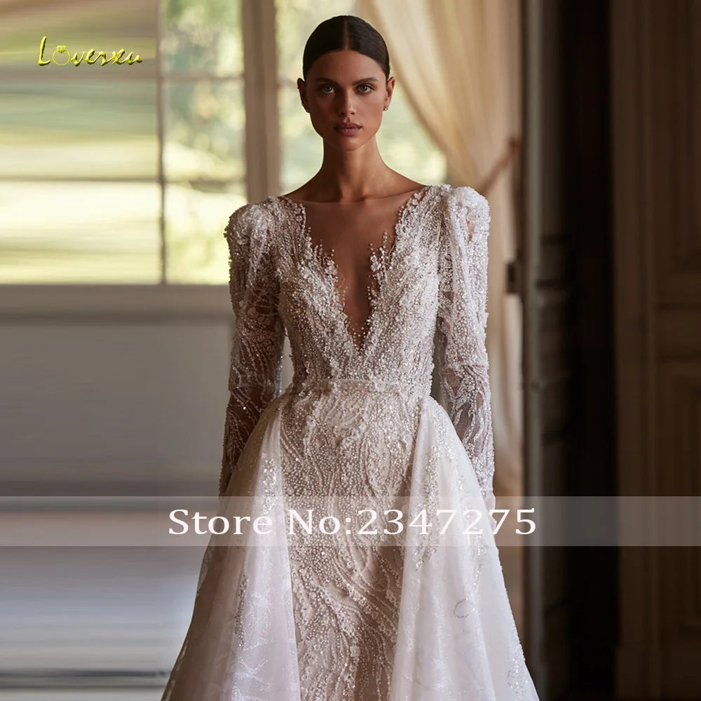 Loverxu Mermaid Luxury Wedding Dresses 2024 V-Neck Long Sleeve Vestido De Novia Lace Embroidery Detachable Train Bride Dress