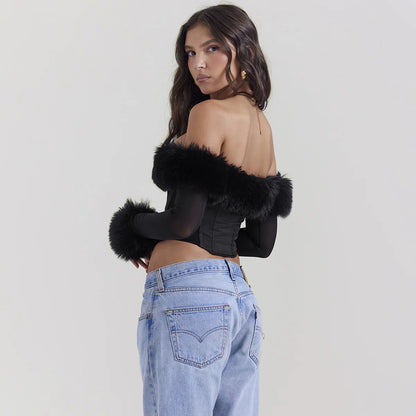 Oligai Long Sleeve Corset Top Faux Fur Collar Bodycon Cropped Top Sexy Black Elegant Off The Shoulder Blouse Women's Clothing