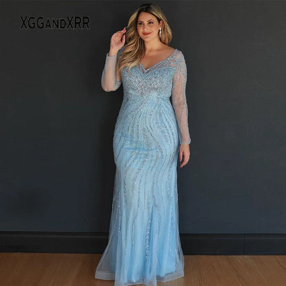 Vestido de madre de la novia de talla grande con mangas largas en azul brillante 2024, escote en V, abalorios pesados, elegante vestido de fiesta de noche de sirena para mujer