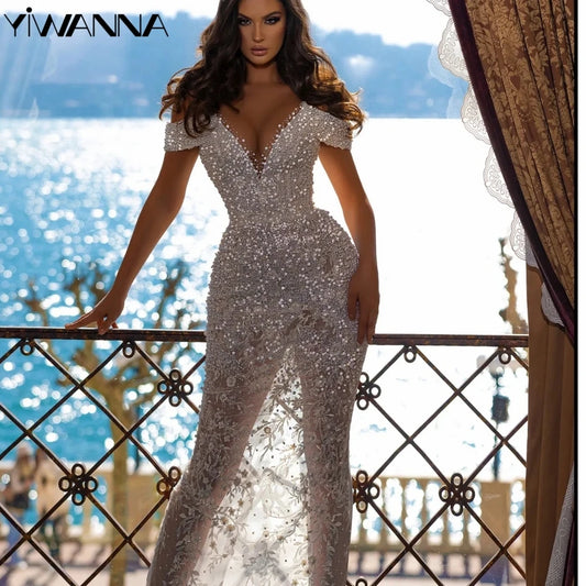 Vestido de novia con cola desmontable y hombros descubiertos, con perlas brillantes, vestido de novia de lujo con apliques, vestido de novia