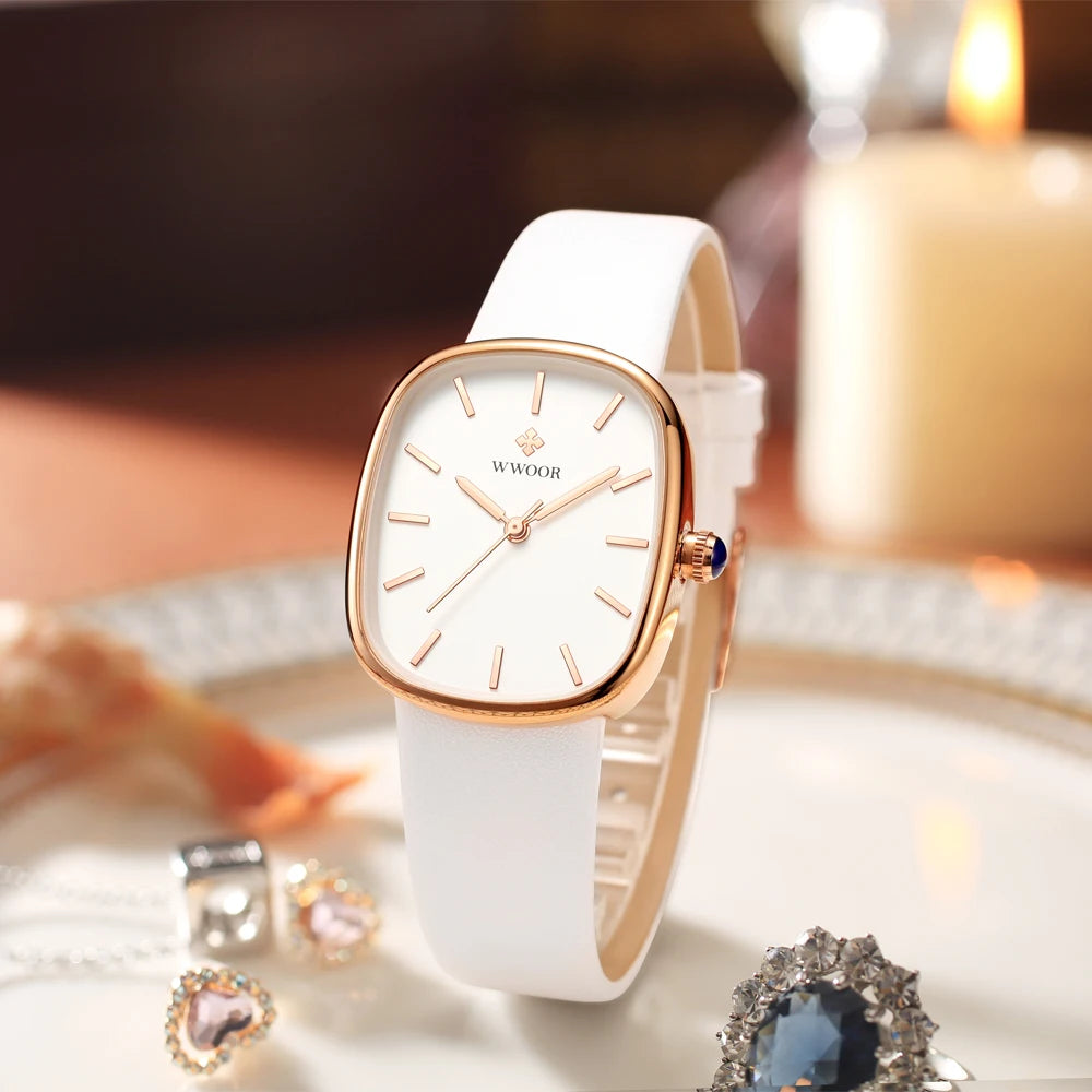 WWOOR 2024 Reloj de pulsera de cuarzo de cuero de moda para mujer Reloj de pulsera de lujo resistente al agua para mujer Reloj femenino