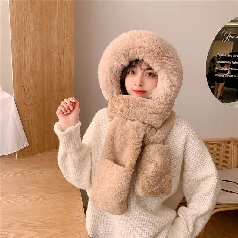 Hollow Plush Hat Scarf Gloves One-piece Cap Women Winter Thickened Net Red Gloves To Keep Warm Lei Feng Hat Wholesale