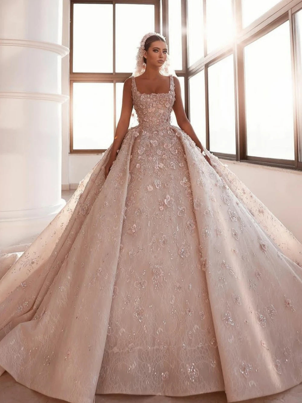 Robe de mariée romantique à col carré, robe classique à appliques perlées pour mariée, robe de mariée gracieuse au sol