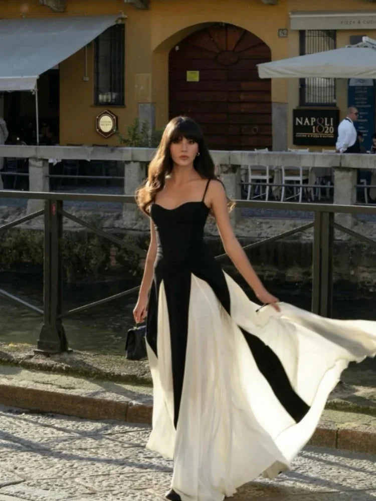 Robe longue d'été à bretelles spaghetti Oligai, robe sexy en patchwork noir et blanc, robe longue de soirée pour invités de mariage pour femmes