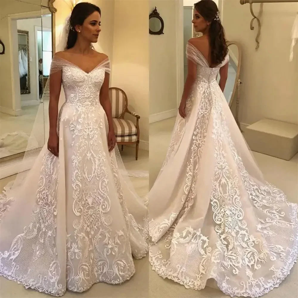 Vestidos de novia de encaje vintage con hombros descubiertos, escote en V, apliques, cola larga, vestidos de novia sin espalda, ocasión formal, vestido de novia